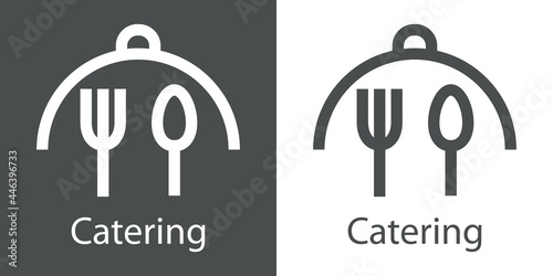 Logotipo con texto Catering con tapadera de bandeja de comida con tenedor y cuchara con lineas en fondo gris y fondo blanco