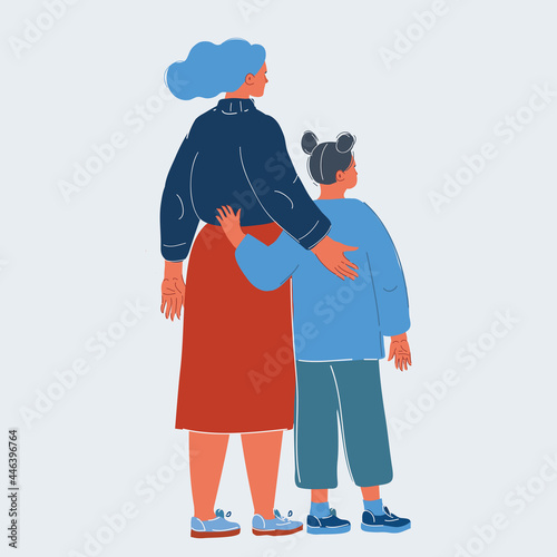 Vector illustration of Mothers Day Concept. Loving Mother and Daughter Hugging Rear View.