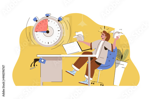 Burning deadline concept. Angry employee does not complete work task situation. Work stress, time management people scene. Vector illustration with flat character design for website and mobile site