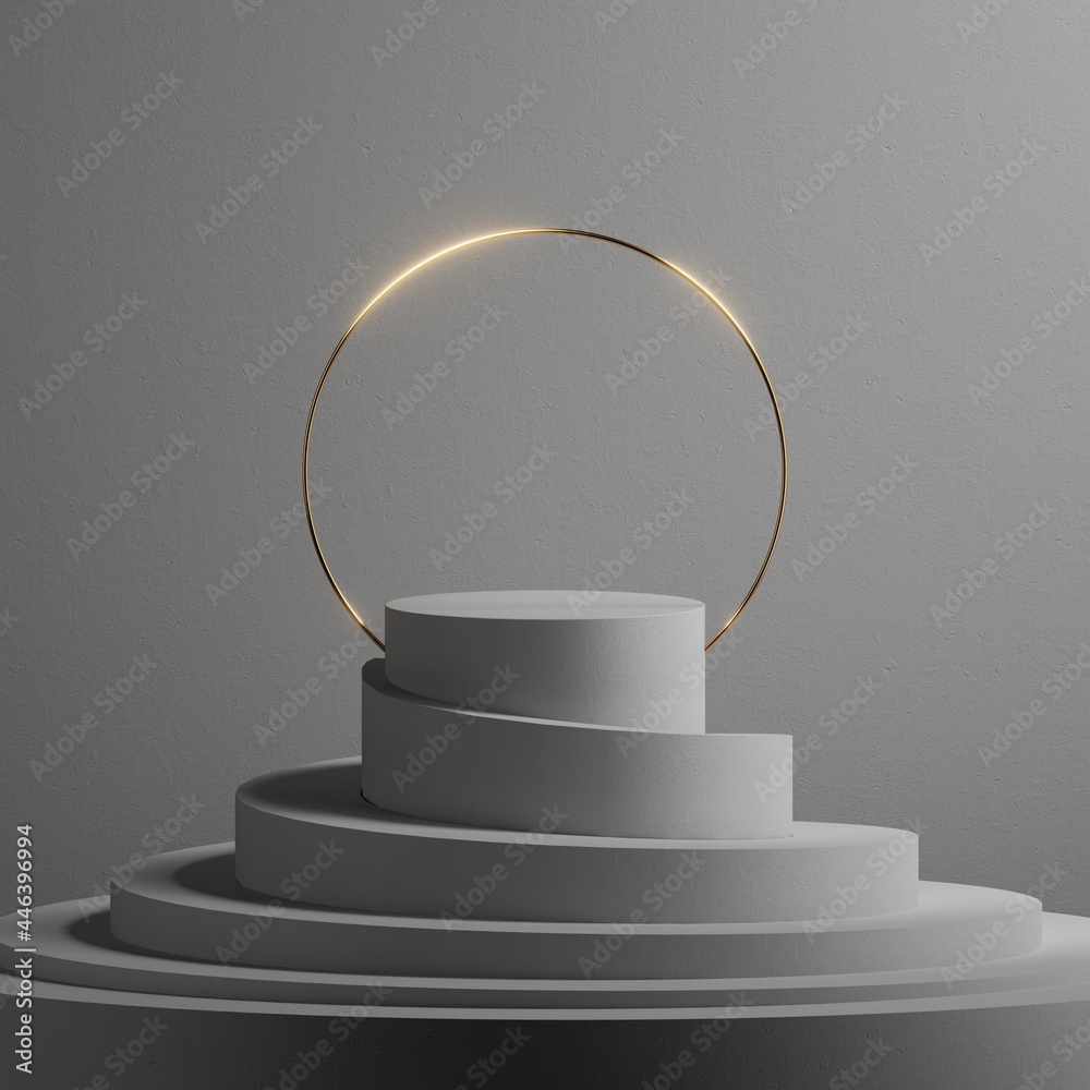 3d render, abstract background with empty round stage, golden arch and