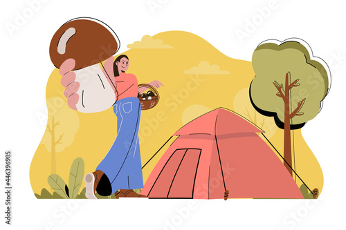 Camping holiday concept. Woman resting with tent in forest, picking mushrooms situation. Outdoor activities people scene. Vector illustration with flat character design for website and mobile site