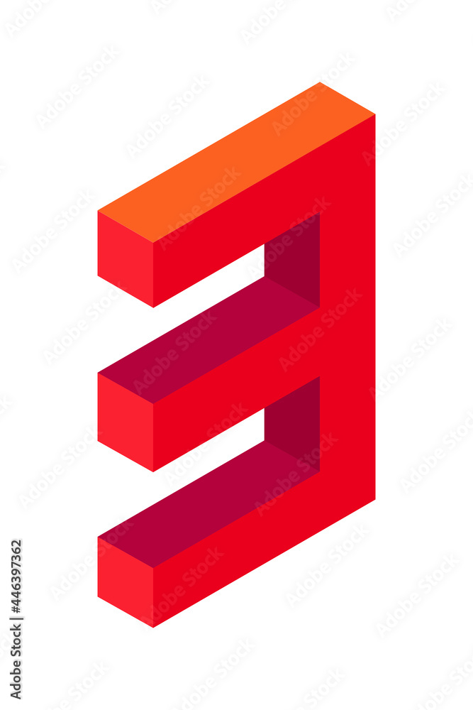 Red number 3 in isometric style. Isolated on white background. Learning numbers, serial number, price, place. Red number 3 in isometric style. Isolated on white background. Learning numbers, serial number, price, place.