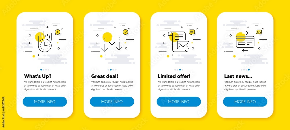 Vector set of Fast delivery, Mail letter and Scroll down line icons set. UI phone app screens with line icons. Credit card icon. Stopwatch, Read e-mail, Swipe screen. Bank payment. Vector