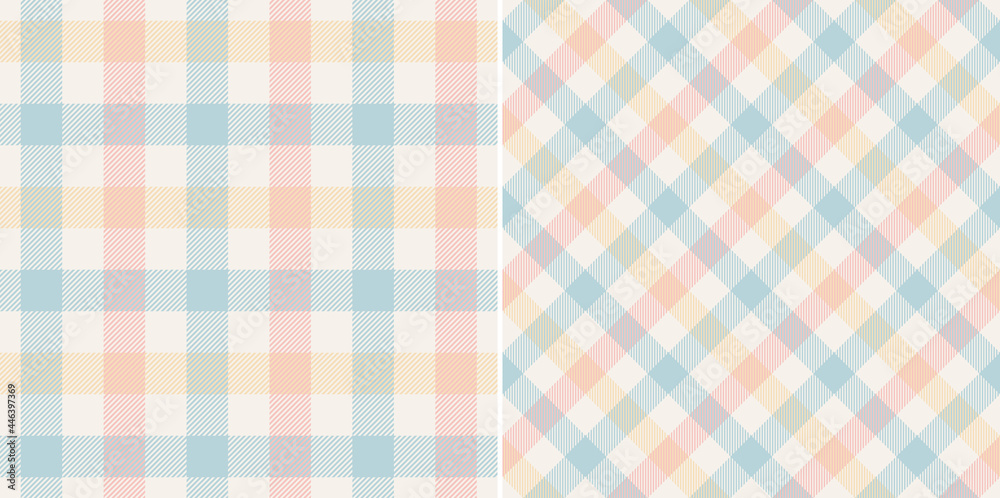 Gingham check pattern textured print in pink, blue, yellow, off white. Light pastel gingham graphic for gift paper, tablecloth, oilcloth, picnic blanket, other modern spring summer fabric design. - obrazy, fototapety, plakaty 