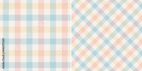 Gingham check pattern textured print in pink, blue, yellow, off white. Light pastel gingham graphic for gift paper, tablecloth, oilcloth, picnic blanket, other modern spring summer fabric design. photo