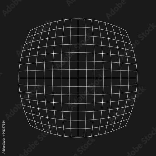 Digital retro cyber grid with fisheye effect. Retrofuturistic design element. Grid in cyberpunk 80s style. Rectangular geometry for poster, cover, merch in retrowave style. Vector