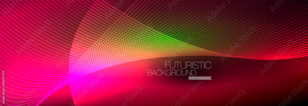 Abstract neon glowing light in the dark with waves. Shiny magic energy and motion concept, vector abstract wallpaper background Abstract neon glowing light in the dark with waves. Shiny magic energy and motion concept, vector abstract wallpaper background