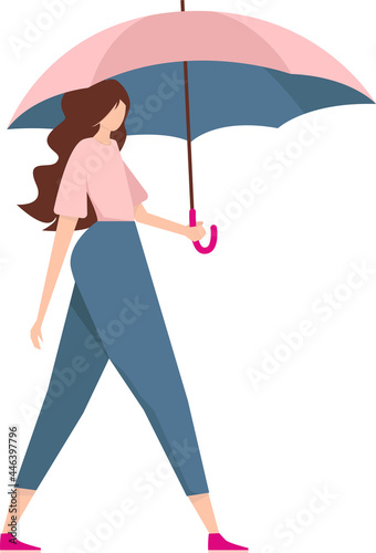  Weather forecast, rainy season, a young girl with a pink umbrella in her hands on a walk. Illustration of a character in different situations on a white background.
