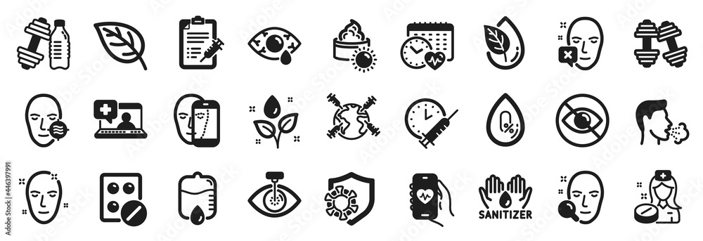 Set of Healthcare icons, such as Drop counter, Vaccine report, Dumbbell icons. Cardio calendar, World vaccination, Cough signs. Plants watering, Face biometrics, Organic product. Leaf. Vector Set of Healthcare icons, such as Drop counter, Vaccine report, Dumbbell icons. Cardio calendar, World vaccination, Cough signs. Plants watering, Face biometrics, Organic product. Leaf. Vector
