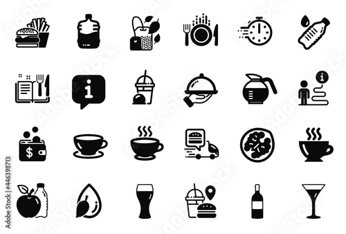 Vector Set of Food and drink icons related to Cooking timer, Water drop and Wine bottle icons. Martini glass, Coffee and Apple signs. Restaurant food, Beer glass and Recipe book. Walnut. Vector