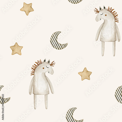 Watercolor seamless pattern with horse, striped moon and stars. Hand drawn clipart.