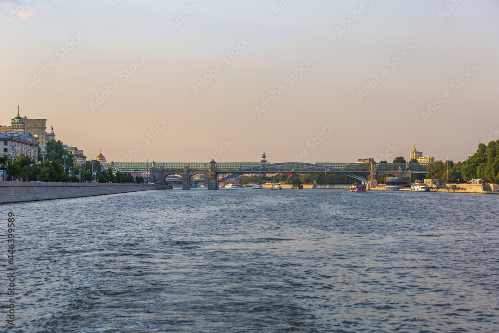 Transport bridge over the Moskva River in the russian capital on a summer evening. Moscow, Russia