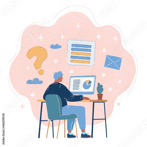 Vector illustration of Back view of Business Man working on desktop workplace