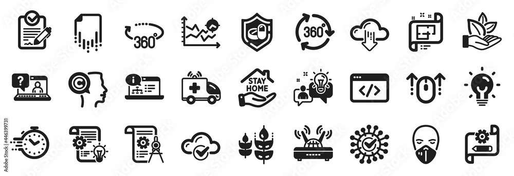 Set of Science icons, such as Cloud computing, Seo script, Medical tablet icons. Ambulance car, Stay home, Seo analysis signs. Divider document, Writer, Timer. Medical mask, Coronavirus. Vector