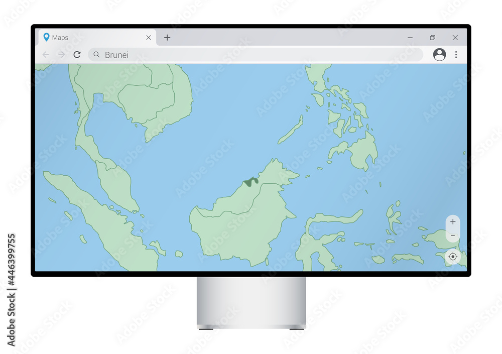 Computer monitor with map of Brunei in browser, search for the country of Brunei on the web mapping program. Computer monitor with map of Brunei in browser, search for the country of Brunei on the web mapping program.
