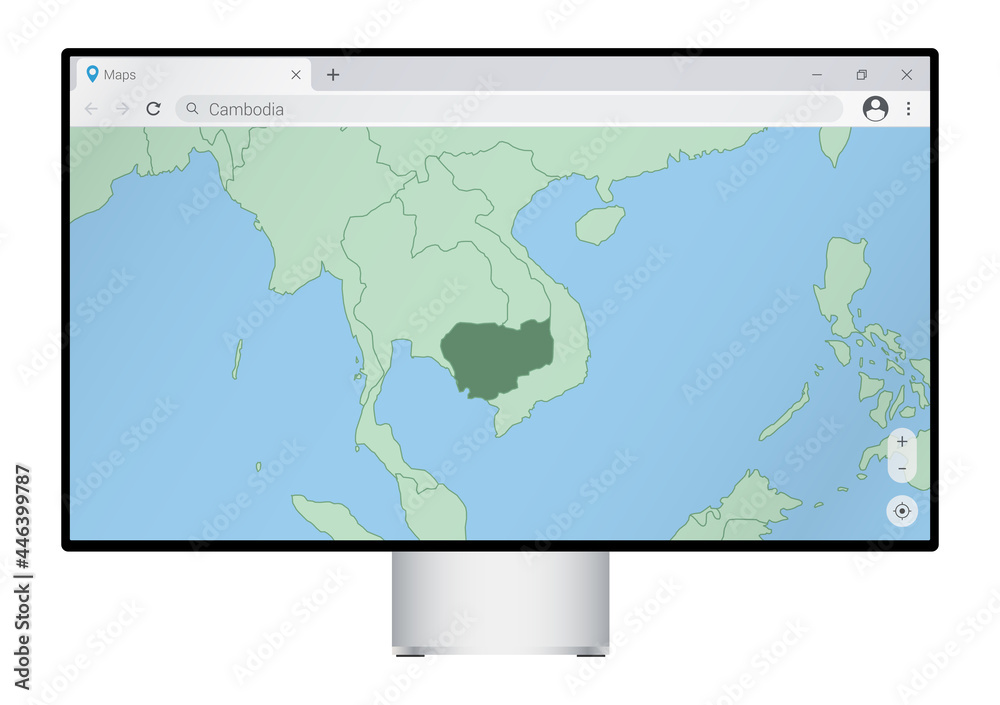 Computer monitor with map of Cambodia in browser, search for the country of Cambodia on the web mapping program. Computer monitor with map of Cambodia in browser, search for the country of Cambodia on the web mapping program.