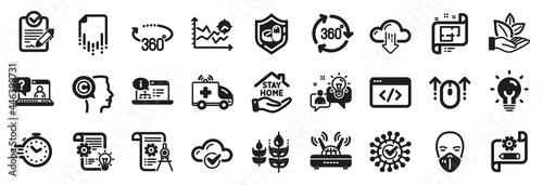 Set of Science icons, such as Cloud computing, Seo script, Medical tablet icons. Ambulance car, Stay home, Seo analysis signs. Divider document, Writer, Timer. Medical mask, Coronavirus. Vector