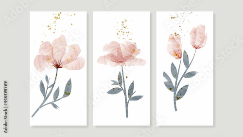 Flower watercolor art triptych wall art vector. Abstract art background with sweet orange and pink Floral Bouquets, Wildflower 
 and leaf  hand paint design for wall decor, poster and wallpaper.