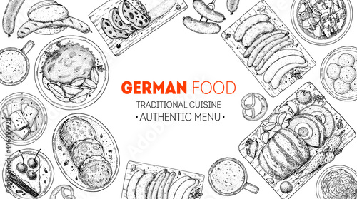 German food menu sketches. Design template. Hand drawn vector illustration. German cuisine. Black and white. Engraved style. Hand drawn food sketch illustration