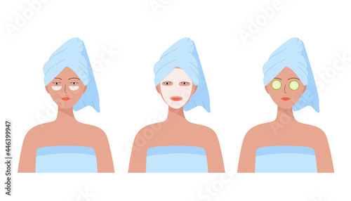 Woman with a towel on her head. Cosmetic patches, a mask and cucumbers on the face, three options for self care at home.