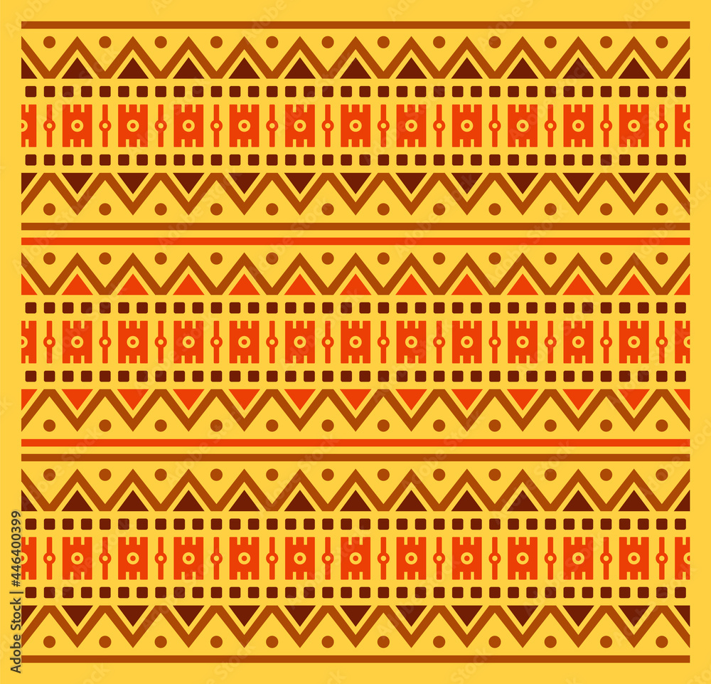 Pattern, in African style and colors, consisting of repeating geometric elements, on a yellow background. Vector illustration Pattern, in African style and colors, consisting of repeating geometric elements, on a yellow background. Vector illustration