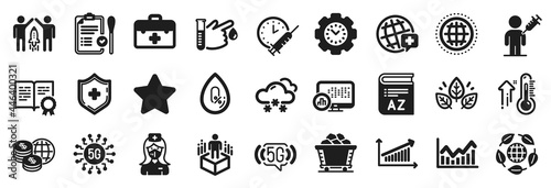 Set of Science icons, such as 5g wifi, Eco organic, High thermometer icons. 5g technology, Nasal test, Vaccination schedule signs. Blood donation, Vocabulary, Medical shield. Globe, Star. Vector