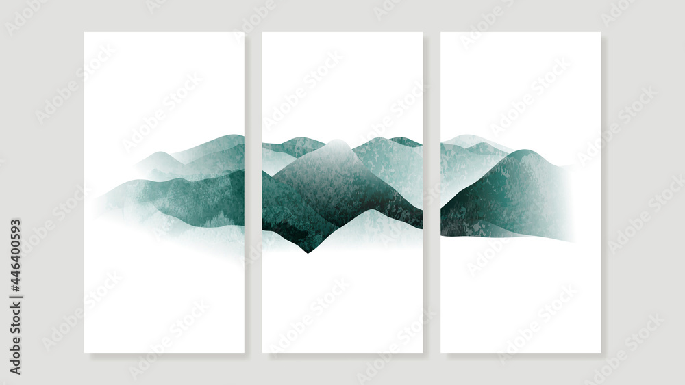 Mountain Canvas Art Print.  Triptych wall art vector. China Poster, Watercolor Landscape, Floating Mountains design for  Home Decor, Office Art and wallpaper.