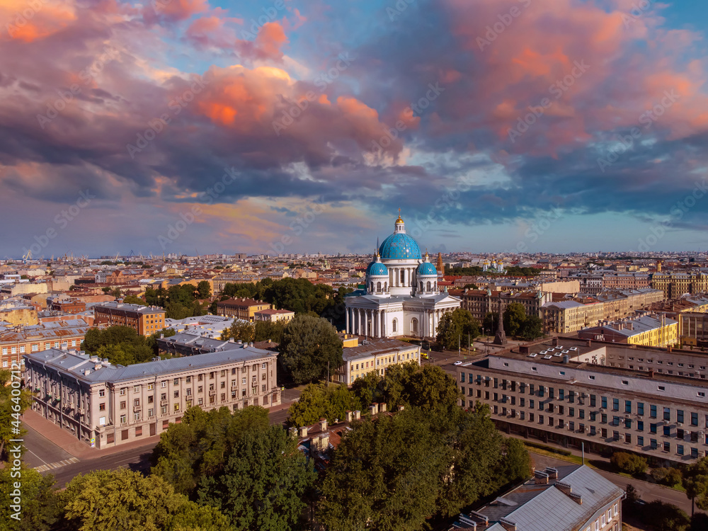 White nights in Saint-Petersburg. Russia poster. Trinity Cathedral in Petersburg. View of Saint-Petersburg from a drone. A city under a beautiful sky. City streets from the air. Russian cities.