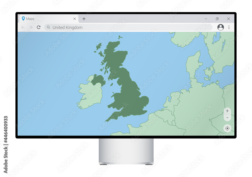 Computer monitor with map of United Kingdom in browser, search for the country of United Kingdom on the web mapping program. Computer monitor with map of United Kingdom in browser, search for the country of United Kingdom on the web mapping program.