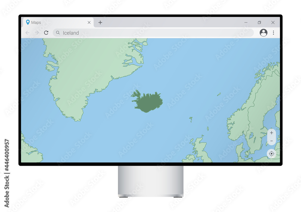 Computer monitor with map of Iceland in browser, search for the country of Iceland on the web mapping program. Computer monitor with map of Iceland in browser, search for the country of Iceland on the web mapping program.