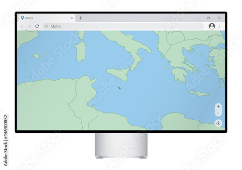 Computer monitor with map of Malta in browser, search for the country of Malta on the web mapping program.