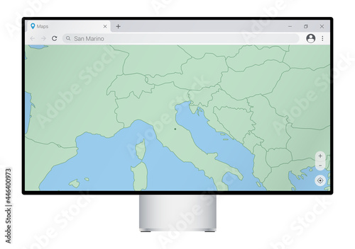 Computer monitor with map of San Marino in browser  search for the country of San Marino on the web mapping program.