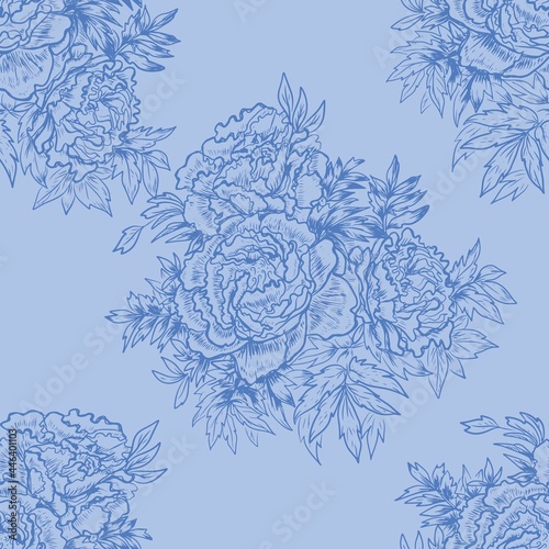 Peonies flowers graphics engraving hand drawn illustration vector print textile vintage patern seamless vegetation nature