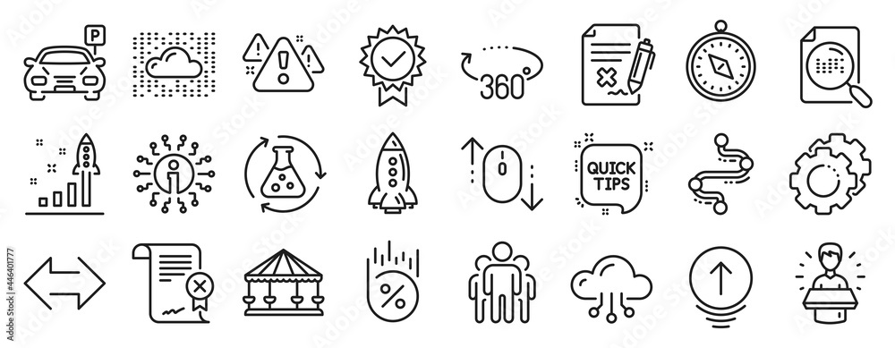 Set of Technology icons, such as Settings gears, Reject file, Group icons. Reject certificate, Timeline, Development plan signs. Warning, Certificate, Sync. Quick tips, Travel compass. Vector