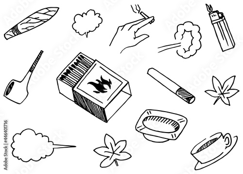 Hand drawn set elements, pipes, matches, ashtrays, cigarettes, tobacco, cigars and other elements in hand drawn style for concept design. Scribble illustration. Vector illustration.