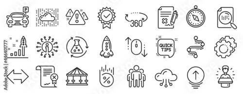 Set of Technology icons, such as Settings gears, Reject file, Group icons. Reject certificate, Timeline, Development plan signs. Warning, Certificate, Sync. Quick tips, Travel compass. Vector