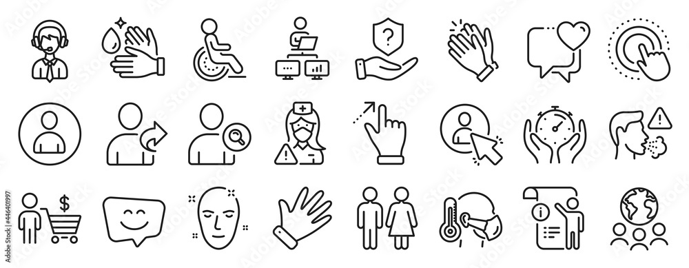 Set of People icons, such as Shipping support, Sick man, Global business icons. Manual doc, Refer friend, Work home signs. Nurse, Buyer, Avatar. Disability, Wash hands, Smile face. Hand. Vector