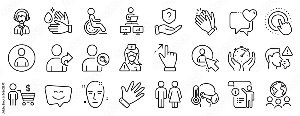 Set of People icons, such as Shipping support, Sick man, Global business icons. Manual doc, Refer friend, Work home signs. Nurse, Buyer, Avatar. Disability, Wash hands, Smile face. Hand. Vector Set of People icons, such as Shipping support, Sick man, Global business icons. Manual doc, Refer friend, Work home signs. Nurse, Buyer, Avatar. Disability, Wash hands, Smile face. Hand. Vector
