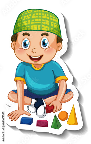 A sticker template with a muslim boy playing with his toys