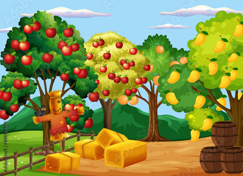 Farm scene with many different fruits trees at day time