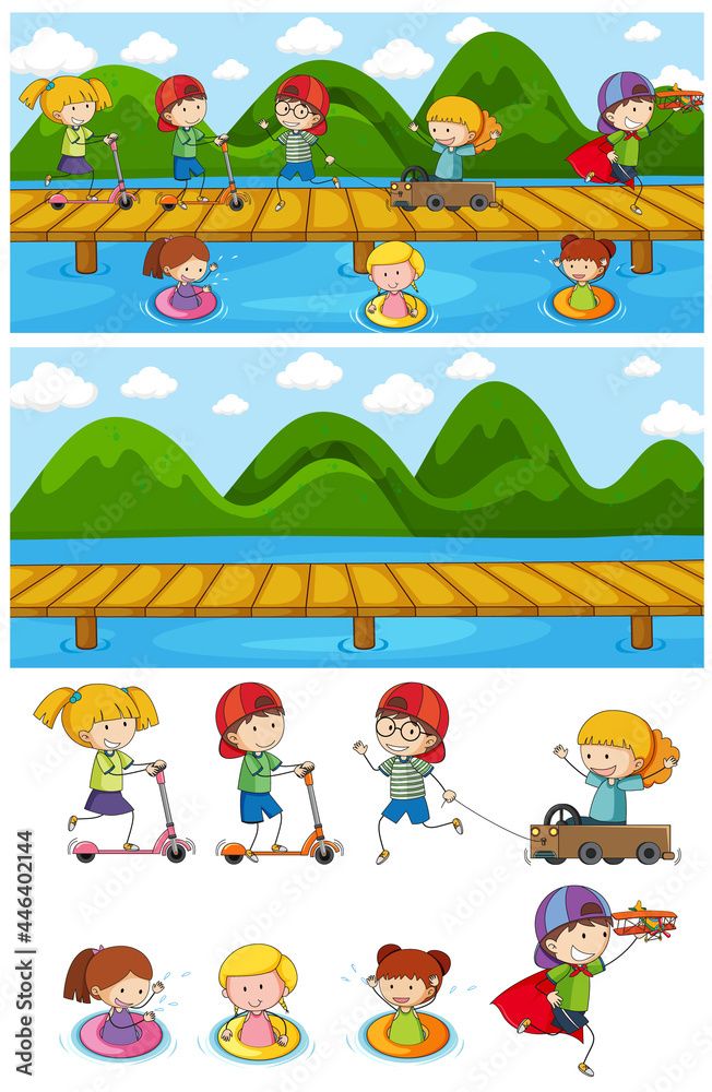 Obraz premium Set of different horizontal scenes background with doodle kids cartoon character