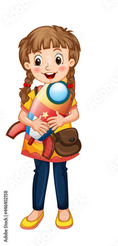 A girl holding rocket toy cartoon character isolated on white background
