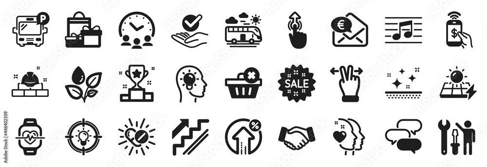 Set of Business icons, such as Loan percent, Phone payment, Approved icons. Stairs, Construction bricks, Shopping signs. Medical drugs, Euro money, Delete order. Idea head, Meeting time. Vector