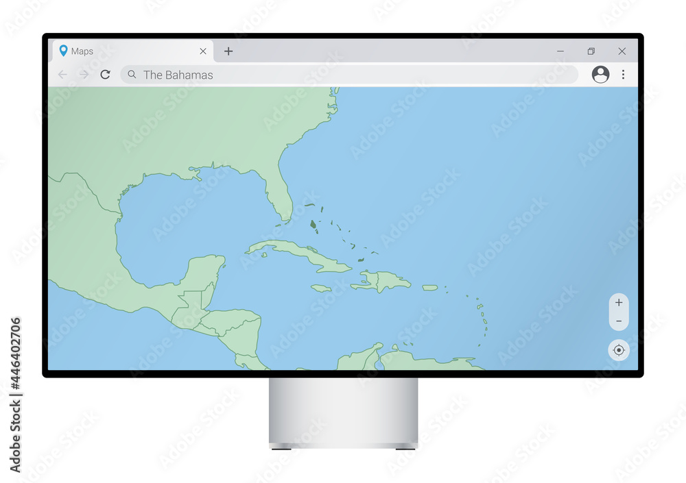 Computer monitor with map of The Bahamas in browser, search for the country of The Bahamas on the web mapping program. Computer monitor with map of The Bahamas in browser, search for the country of The Bahamas on the web mapping program.