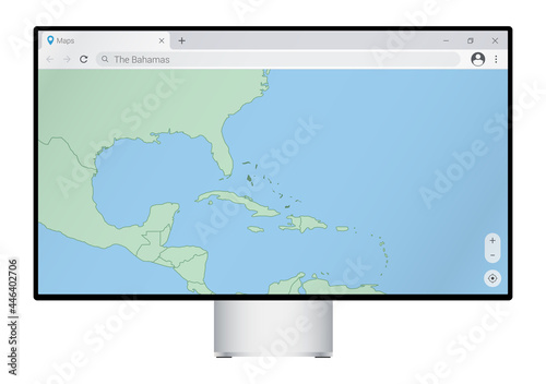 Computer monitor with map of The Bahamas in browser, search for the country of The Bahamas on the web mapping program.