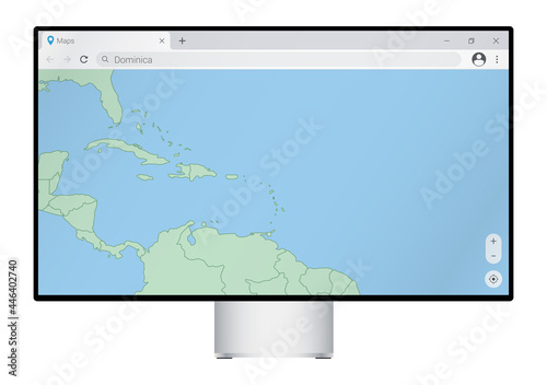Computer monitor with map of Dominica in browser, search for the country of Dominica on the web mapping program.