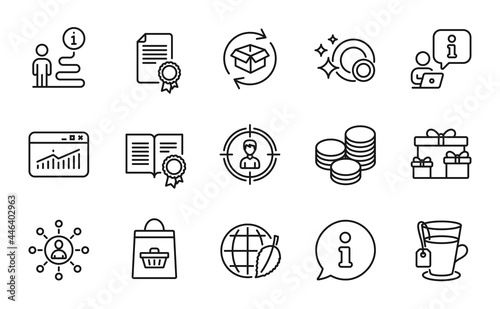Line icons set. Included icon as Return parcel, Diploma, Environment day signs. Clean dishes, Tips, Surprise boxes symbols. Certificate, Online buying, Tea. Headhunting, Networking. Vector