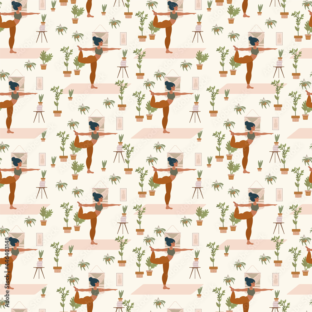 The pattern of the yoga girl classes at home. Yoga and pilates for women on the background of indoor plants. Cute vector background for textiles in a flat style. Vector illustration