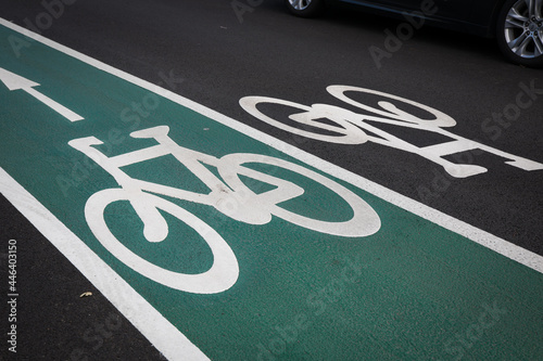 Canvas Print Bike lane painted green grey white cycle road transport ride work direction sust