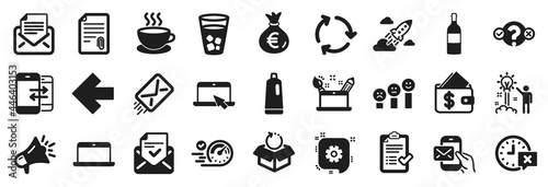 Set of simple icons, such as Megaphone, Speedometer, Attachment icons. Left arrow, Messenger mail, Approved checklist signs. Money bag, Ice tea, Mail correspondence. Startup rocket, E-mail. Vector